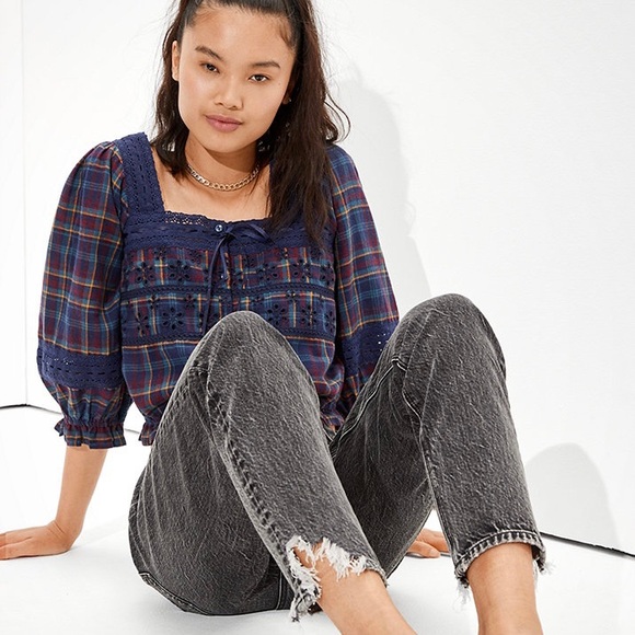 American Eagle Plaid Peasant Top Cropped Square Neck Blouse Small - Picture 10 of 10